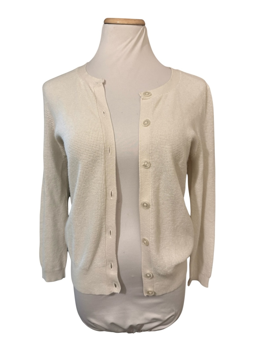 Talbots Cream Crewneck Button-Front Waffle Weave  Women's Sweater